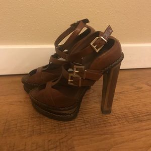 Brian Atwood platform sandals, brown leather